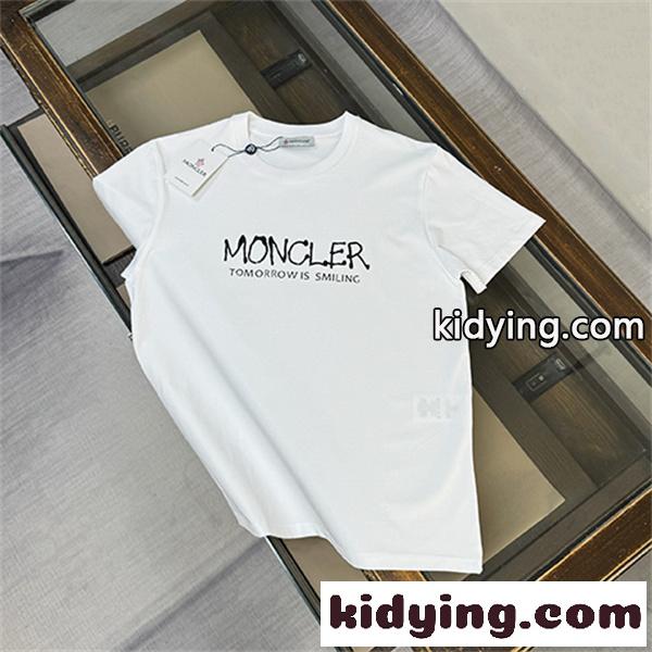 ホワイト 半袖Tシャツ MONCLER モンクレール コピー TOMORROW IS SMILINGロゴ クルーネック フロント英字プリント すっきりシルエット-1