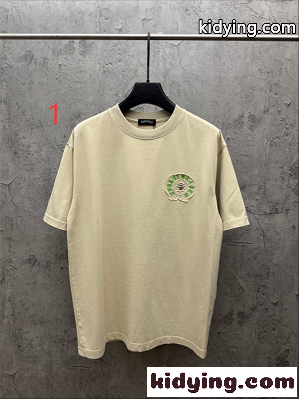 クリームベージュ 半袖Tシャツ Chrome Hearts クロムハーツ コピー 胸元グリーンサークルロゴ クルーネック ワンポイントデザイン-1