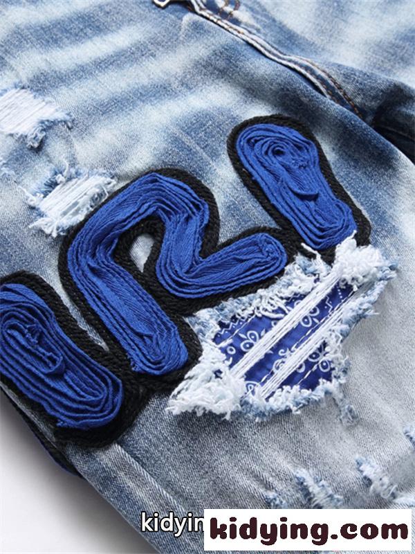 ダメージデニムパンツ AMIRI ライトブルー クラッシュ加工 刺繍 アミリ コピー 2026新作-5
