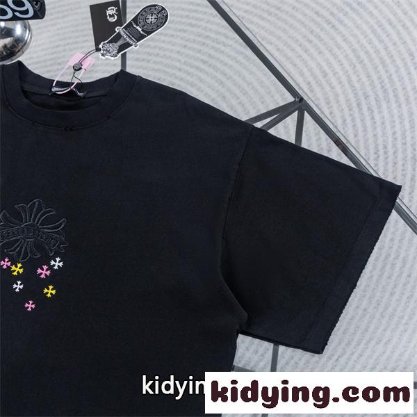 ホワイト 半袖Tシャツ Chrome Hearts クロムハーツ コピー 淡色フローラルクロス刺繍風 マルチカラー小クロス クルーネック ボックスシルエット-8