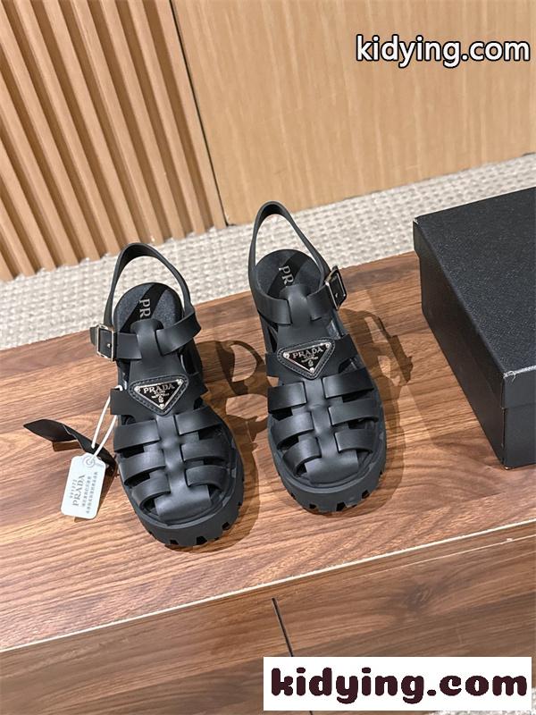 Prada 26ss プラダサンダルコピー 編み上げデザインのローマ厚底サンダル黒色上質9㎝高さ-2