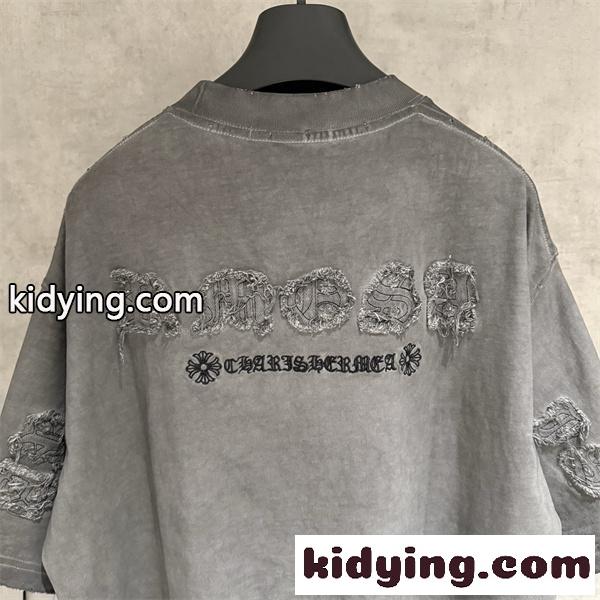 ウォッシュグレー 半袖Tシャツ Chrome Hearts 胸元ロゴプリント クロムハーツ コピー ヴィンテージ加工 クルーネック-4