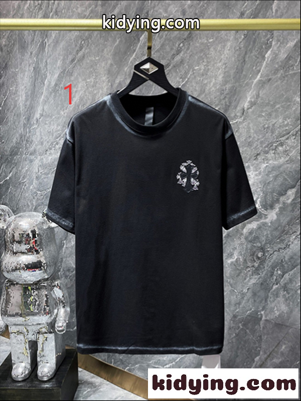 ブラック 半袖Tシャツ Chrome Hearts グレークロスバックプリント クロムハーツ コピー 胸元クロスロゴ クルーネック ゆったりシルエット-2