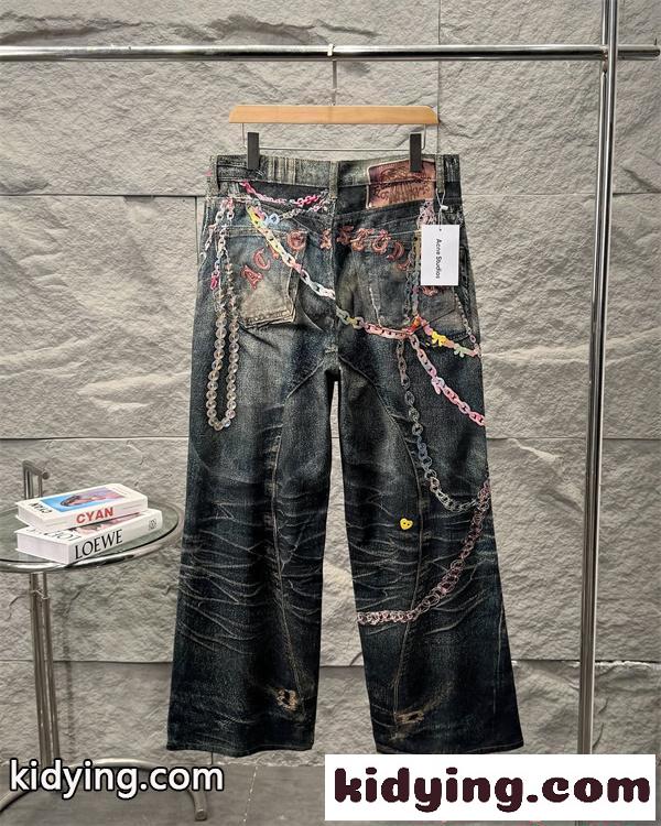 Acne デニムパンツ アクネストゥディオズ コピー ダークブルー チェーン装飾 ワイドシルエット 個性派-1