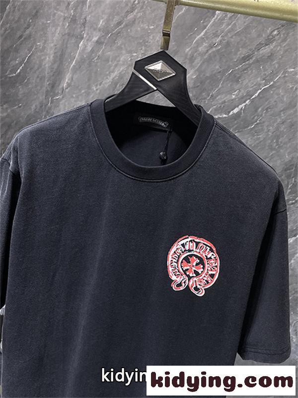 ブラック 半袖Tシャツ Chrome Hearts ピンクサークル胸ロゴ クロムハーツ コピー クルーネック ワンポイントデザイン ゆったりシルエット-3