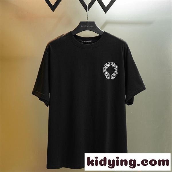 半袖Tシャツ 激安 クロムハーツ コピー ブラック ロゴプリント コットン素材 クルーネック ルーズフィット CHROME HEARTS 通気性 軽量 柔らかい ストリート 夏-1