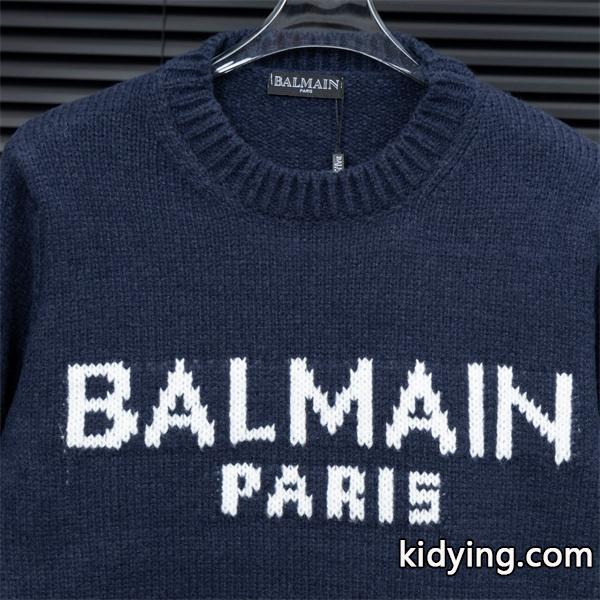 グレー 大ロゴ ニットセーター バルマン BALMAIN スーパーコピー 秋冬日常シンプル定番-3