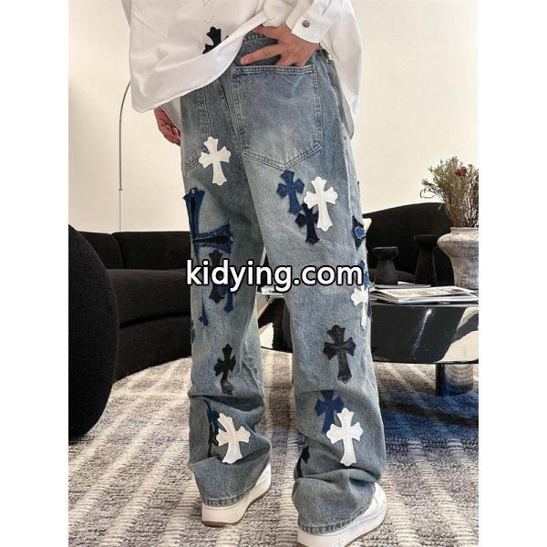 2025秋冬限定 ブラック ブルー ホワイト クロス刺繍デザイン Chrome Hearts クロムハーツ 偽物 デニムパンツ-3