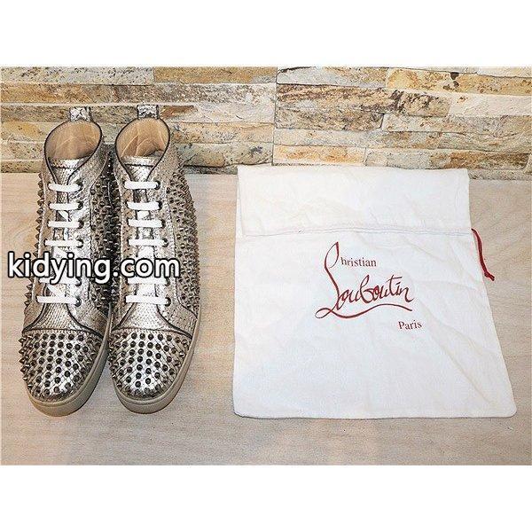 美品 クリスチャンルブタン Christian Louboutin リアルパイソンレザー Louis Spikes Mens Flat シルバー 高級感 セレブ愛用-0