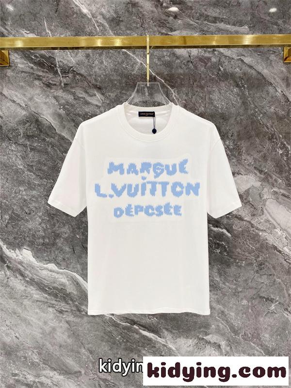 ライトブルー 半袖Tシャツ Louis Vuitton フロント英字ロゴ ルイヴィトン コピー ふわふわ文字プリント クルーネック-5