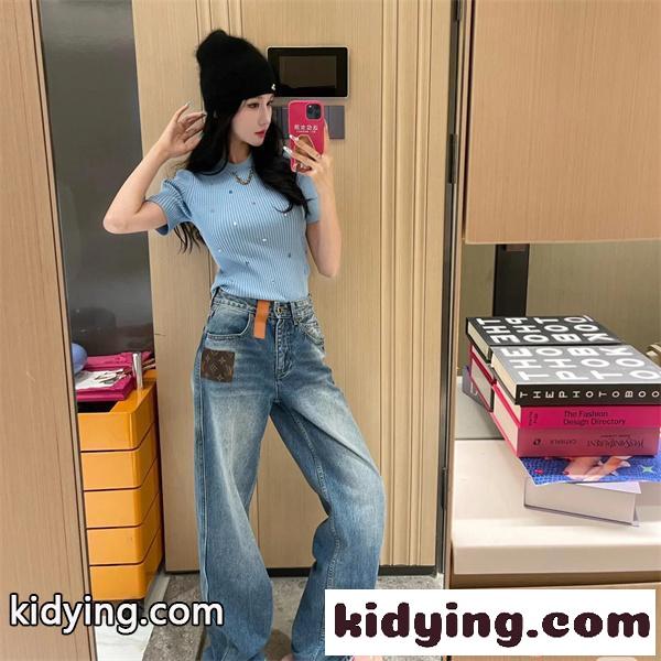 デニムパンツ レディース ルイヴィトン コピー ハイウエスト ワイドレッグ 美脚効果 カジュアル LOUIS VUITTON-0