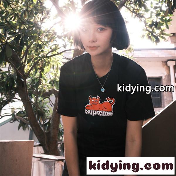 ブラック 半袖Tシャツ Supreme デビルロゴ シュプリーム コピー クルーネック ストリートトップス-0