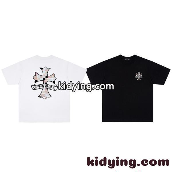クロムハーツ コピー クルーネック 半袖Tシャツ ホワイト ブラック クロスデザイン チェック調プリント Chrome Hearts-1