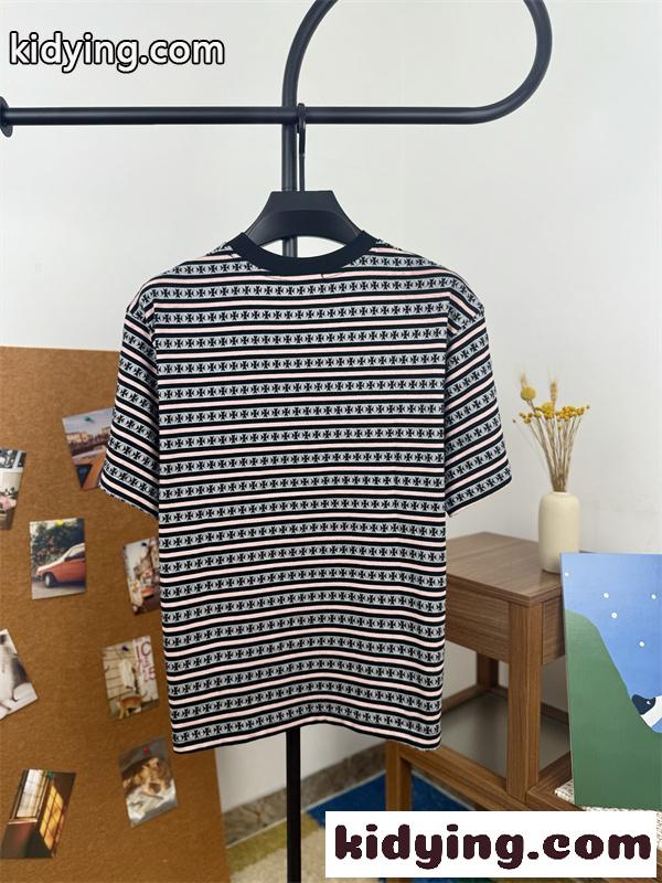CHROME HEARTS クロムハーツ コピー 2026新作 メンズ 半袖Tシャツ ボーダー 総柄 ロゴ刺繍 クルーネック コットン-1