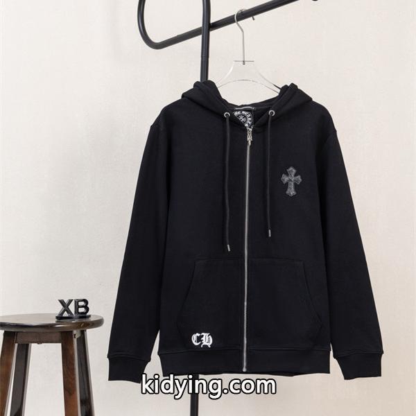 クロムハーツ コピー Chrome Hearts パーカー 新作 ブラック 十字刺繍 小ロゴ 快適フルジップ 秋冬注目トレンド-0