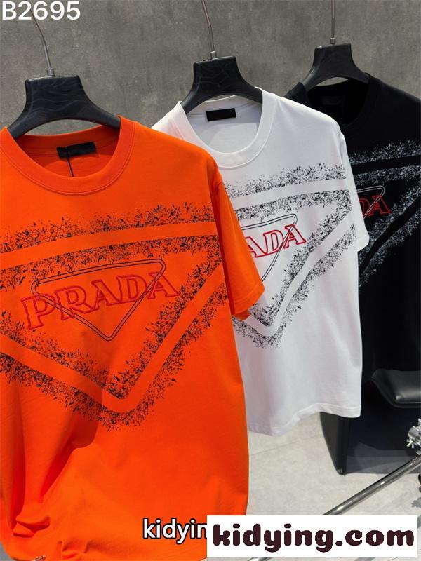 話題独占 オレンジ ホワイト ストリートモード PRADA プラダ コピー 半袖 Tシャツ-1