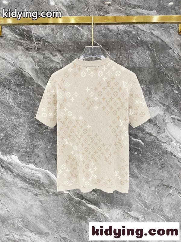 ベージュ 半袖ニットTシャツ Louis Vuitton モノグラム総柄 ルイヴィトン コピー 同色ロゴ編み クルーネック リブ襟-7