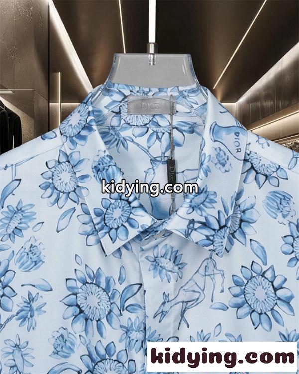 DIOR 総柄 半袖 スーパーコピー シャツ フラワーモチーフ ブルー ホワイト メンズ リゾート カジュアル 夏 ファッション 定番-4
