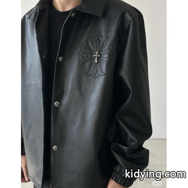 Chrome Hearts クロムハーツ 2025秋冬新作 ブラック シンプル クロス刺繍デザイン 偽物 レザージャケット-4