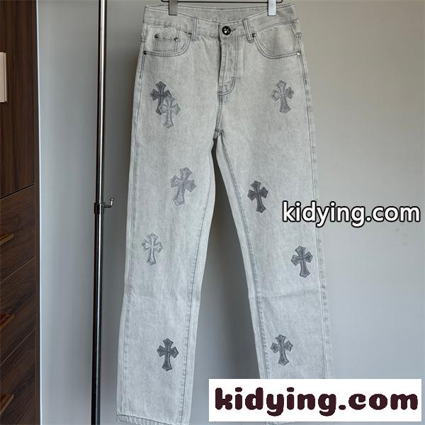 ライトグレー ストレートデニムパンツ Chrome Hearts クロムハーツ コピー クロスパッチ装飾 ウォッシュ加工 5ポケット ジーンズ-0