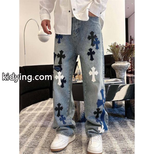 2025秋冬限定 ブラック ブルー ホワイト クロス刺繍デザイン Chrome Hearts クロムハーツ 偽物 デニムパンツ-1