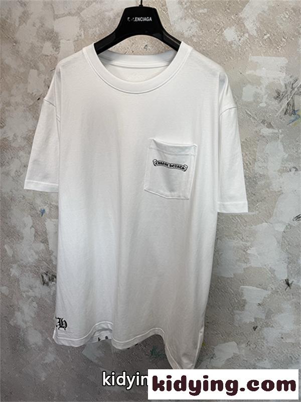 ホワイト 半袖Tシャツ Chrome Hearts クロムハーツ コピー 胸ポケットロゴ 裾グラフィック クルーネック ゆったりシルエット-2