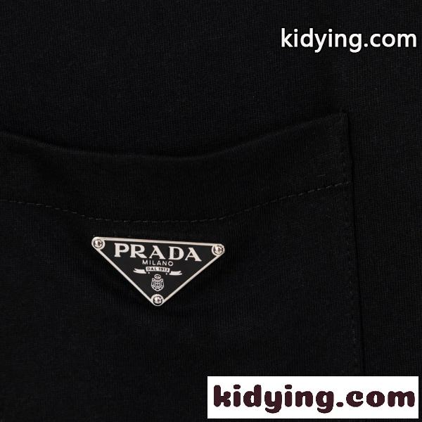 PRADA プラダ メンズ 半袖Tシャツ ポケット付き 三角ロゴ 無地 コットン ミニマル 上品 定番 快適-4