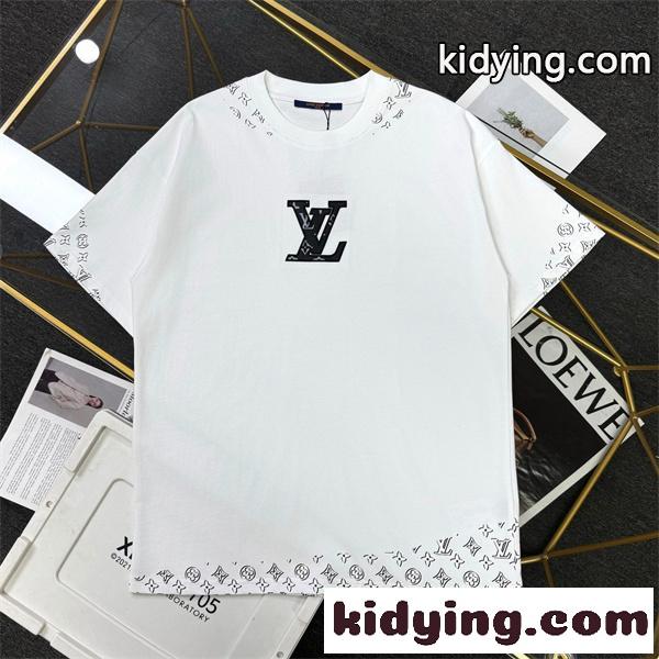 ホワイト 半袖Tシャツ Louis Vuitton センターロゴ ルイヴィトン コピー モノグラム柄LV刺繍風 クルーネック 裾袖ロゴプリント-0