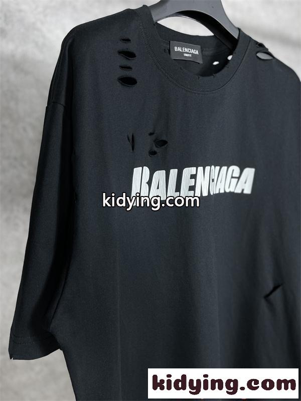 バレンシアガ コピー Balenciaga 651795 半袖Tシャツ ブラック ダメージ加工 ロゴプリント オーバーサイズ クラッシュデザイン ストリート系 メンズ-6