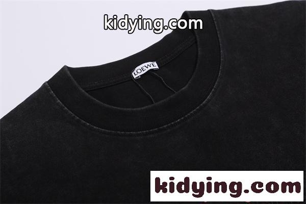 ロエベ コピー 字母刺繍 loewe 半袖Tシャツ クルーネック ブラック グリーン ヴィンテージカジュアル-2