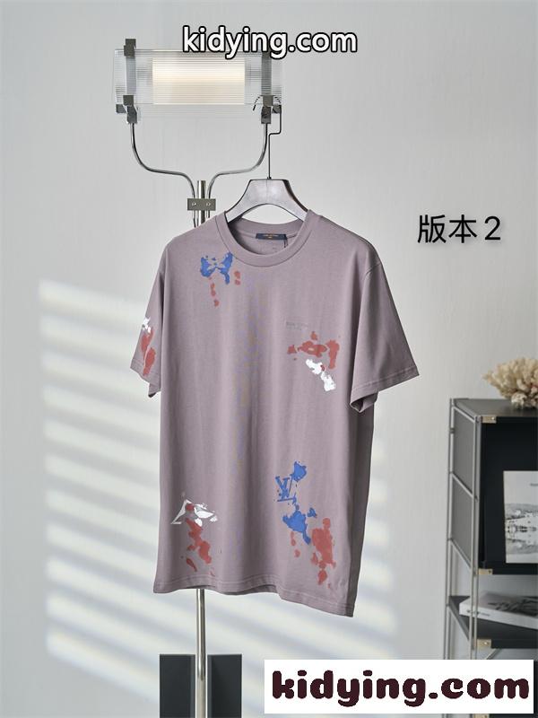 モーブグレー 半袖Tシャツ Louis Vuitton ルイヴィトン コピー ペイントスプラッシュ柄 クルーネック アートプリント ゆったりシルエット-2