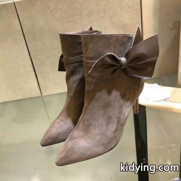 KASSIDY85SUN_SDark Grey ナッパレザーリボン付き Dark Grey スエード・アンクルブーティージミーチュウコピーシューズ-1