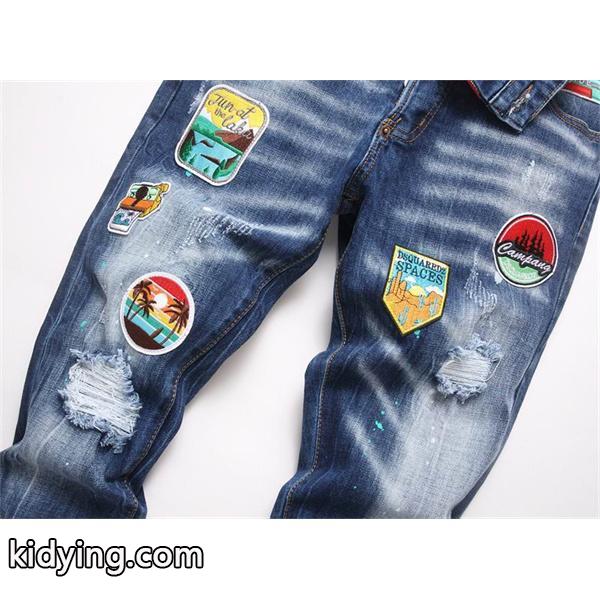 ライトブルー カラフルバッジ ダメージ デニムパンツ ディースクエアード DSQUARED2 偽物 秋冬 ポップで活気ある 人気-2
