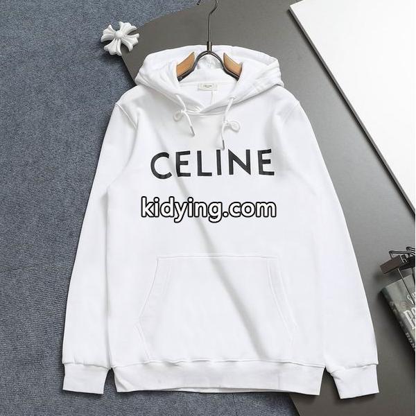 CELINE セリーヌ 偽物 最新コレクション ホワイト ビッグロゴ フーディ パーカー 2025AW注目アイテム-0