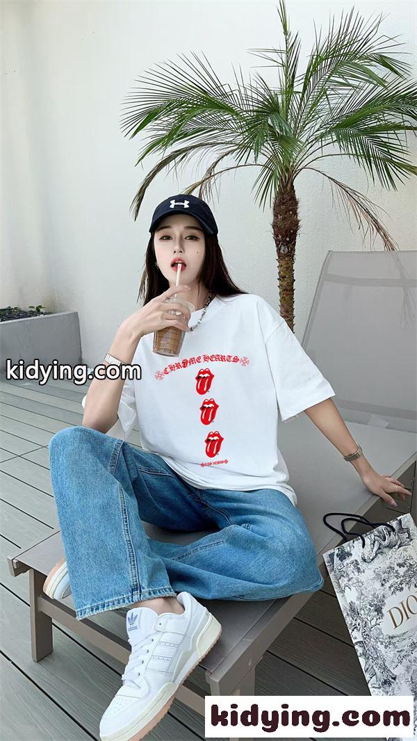 ミントグリーン Tシャツ Chrome Hearts リップロゴ クロムハーツ コピー 半袖 丸首 レッドグラフィック カジュアルトップス-7