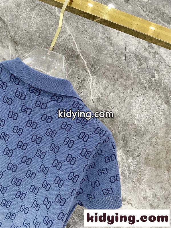 ブルー 半袖ニットポロ GUCCI GG総柄 グッチ コピー グラデーション切替 襟付き ボタンネック リブ袖-6