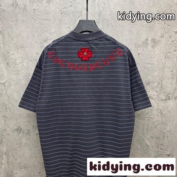 CHROME HEARTS クロムハーツ 2026新作 メンズ ボーダー 半袖Tシャツ クロス刺繍 オーバーサイズ ヴィンテージ風 高街系-7