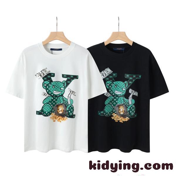 ベアプリント ルイヴィトン コピー 半袖Tシャツ クルーネック オーバーサイズ ユニセックス カジュアル ストリート 春夏 白 黒 Louis Vuitton-0