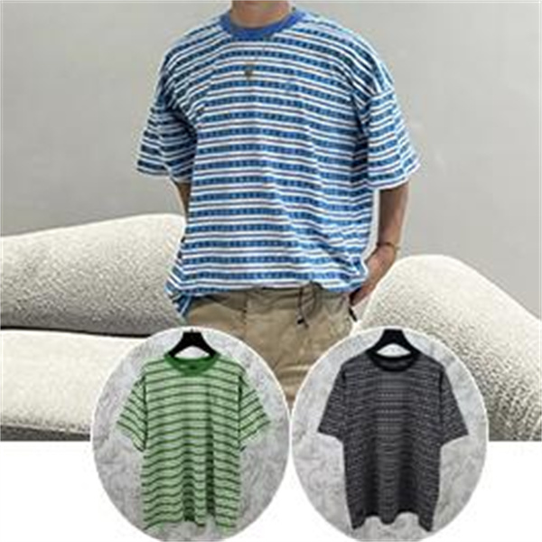 ブルー ホワイト ボーダー半袖Tシャツ クルーネック 細ピッチライン ゆったりシルエット カジュアルトップス-0