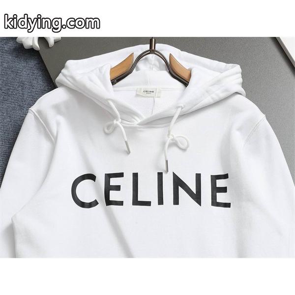 CELINE セリーヌ 偽物 最新コレクション ホワイト ビッグロゴ フーディ パーカー 2025AW注目アイテム-1