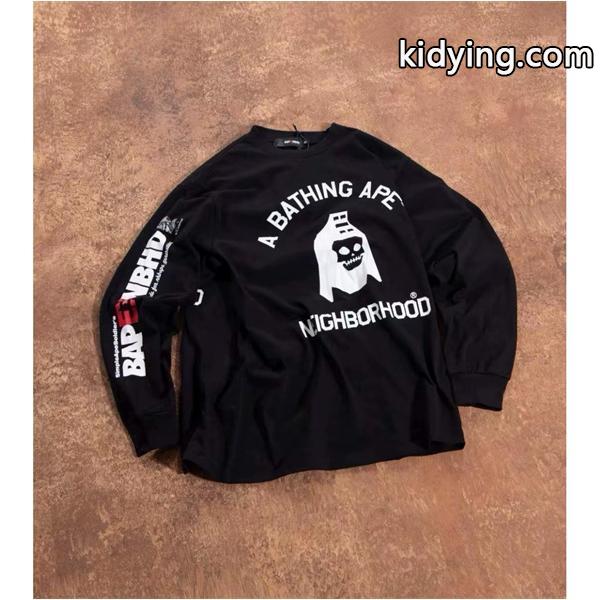 ベイプ BAPE コピー 秋冬 高品質 ホワイト ネイバーフッド コラボ スカル猿人头 長袖 T シャツ-0