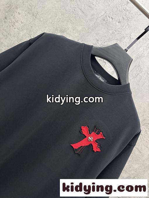 ディープグリーン 半袖Tシャツ Chrome Hearts クロムハーツ コピー 胸元サークルロゴ 同色刺繍調 クルーネック ゆったりシルエット-2