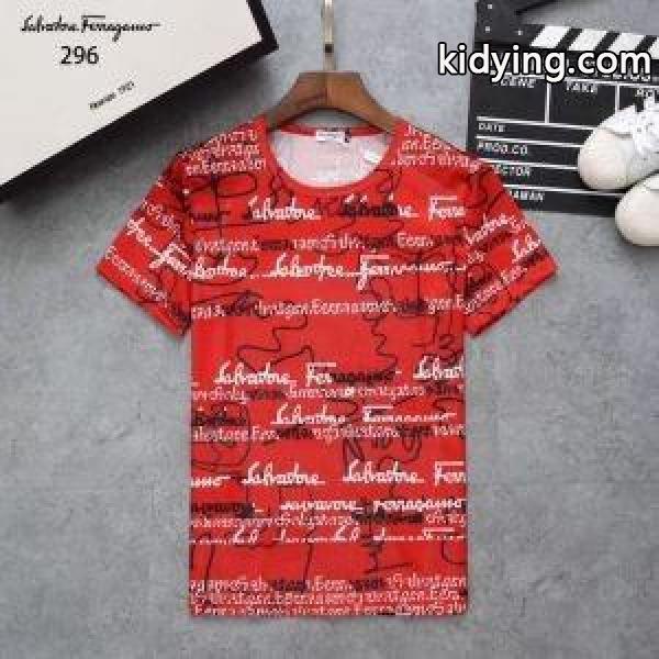 FERRAGAMO超激得大人メンズ高品質tシャツ英字プリント夏物美しいライン黒白赤色フェラガモ 激安-1