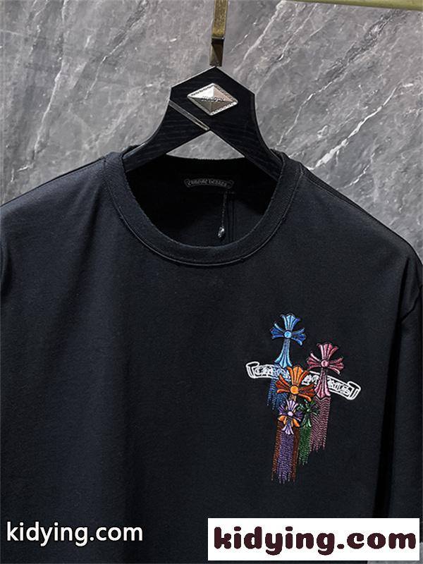 ホワイト 半袖Tシャツ Chrome Hearts クロムハーツ コピー マルチカラークロスロゴ バックデザイン 丸首 リラックスフィット ブラック-3