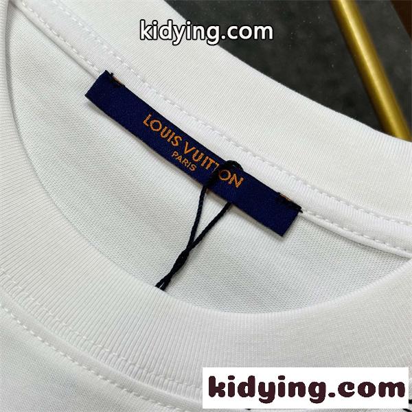 ホワイト 半袖Tシャツ Louis Vuitton センターロゴ ルイヴィトン コピー モノグラム柄LV刺繍風 クルーネック 裾袖ロゴプリント-5