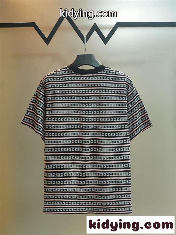 クロムハーツ コピー ボーダー 半袖Tシャツ ブラック ピンクグレー ワンポイント クルーネック Chrome Hearts-1