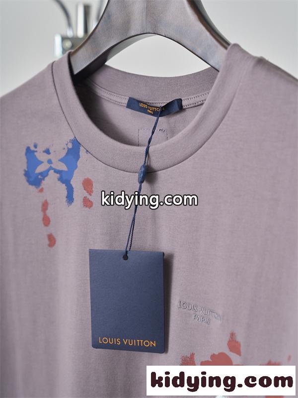 モーブグレー 半袖Tシャツ Louis Vuitton ルイヴィトン コピー ペイントスプラッシュ柄 クルーネック アートプリント ゆったりシルエット-3