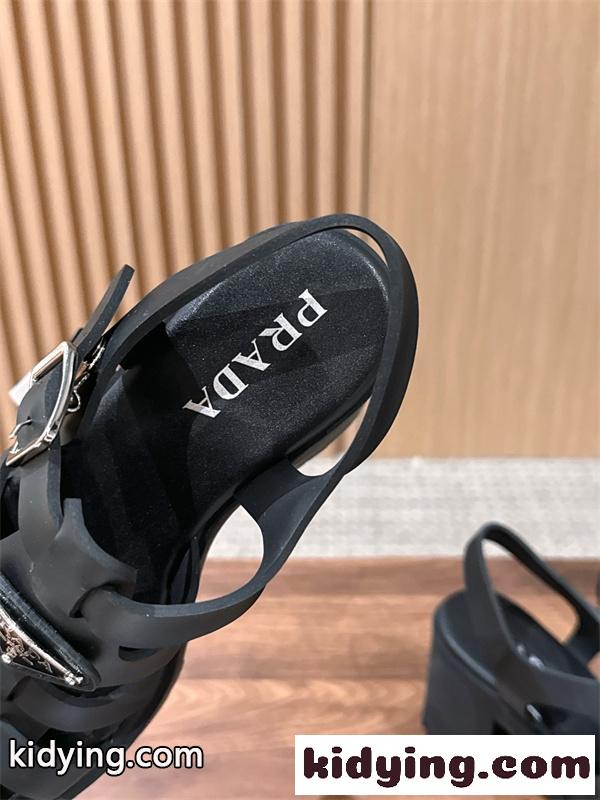 Prada 26ss プラダサンダルコピー 編み上げデザインのローマ厚底サンダル黒色上質9㎝高さ-5