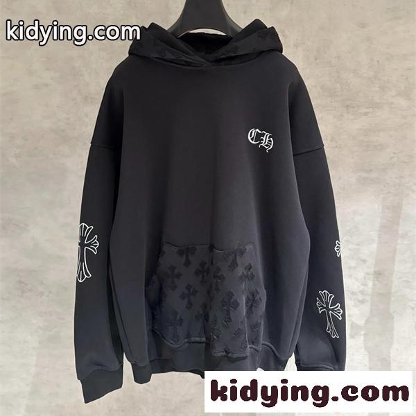 クロムハーツ コピー パーカー 刺繍ロゴ 袖クロスモチーフ フード総柄 十字デザイン カジュアル Chrome Hearts ブラック-0