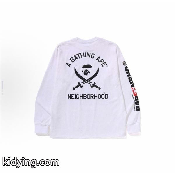 ベイプ BAPE コピー 秋冬 高品質 ホワイト ネイバーフッド コラボ スカル猿人头 長袖 T シャツ-5